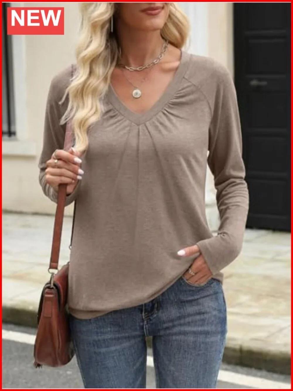 Womens V Neck Long Sleeve Pleated Blouse Banded Bottom Dressy Casual Top